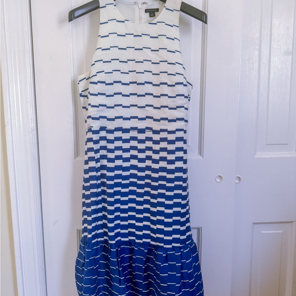 Ann Taylor Blue & White Sleeveless Striped Midi Dress